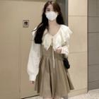 Long-sleeve Peter Pan-collar Blouse / Spaghetti Strap Pleated Mini Dress