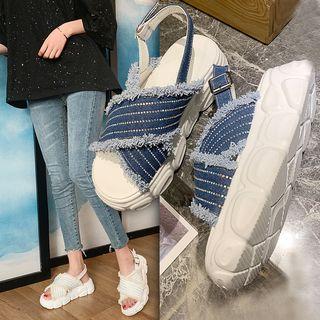 Rhinestone Frayed Platform Sandals