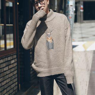 Mock-neck Cartoon Embroidered Knit Sweater