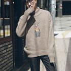 Mock-neck Cartoon Embroidered Knit Sweater