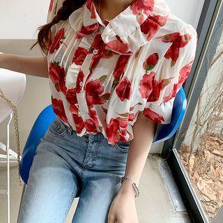 Frill-trim Pintuck Floral Blouse