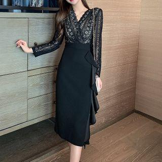 Long Sleeve V-neck Lace Panel Ruffled Sheath Dress