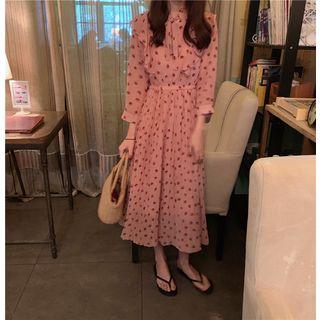 Tie-neck Dotted Elbow Sleeve Dress Dress - One Size