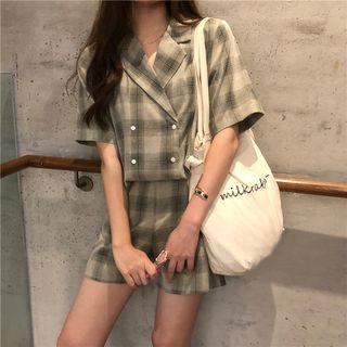 Set: Short-sleeve Double-breasted Plaid Shirt + Shorts