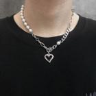 Heart Pendant Faux Pearl Necklace 1pc - Silver - One Size