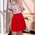 Set: Strawberry Print Short-sleeve Blouse + Pleated Skirt