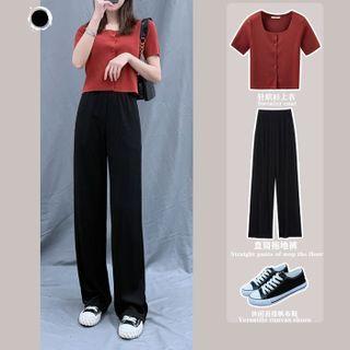 Set: Short-sleeve Button Knit Top + Wide-leg Pants