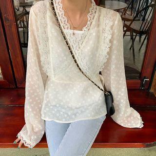 Set: Lace Blouse + Camisole Top White - One Size