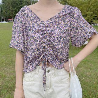 Drawstring Short-sleeve Floral Blouse