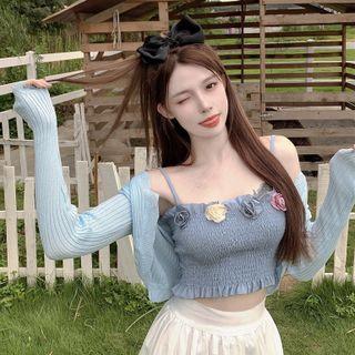 Cropped Cardigan / Flower Detail Camisole Top