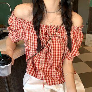 Short-sleeve Off Shoulder Plaid Blouse Plaid - Red - One Size