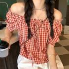 Short-sleeve Off Shoulder Plaid Blouse Plaid - Red - One Size