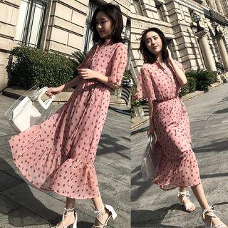 V-neck Lace Up Dotted Print Midi Chiffon Dress