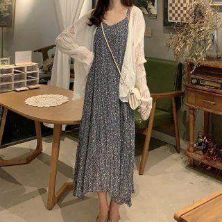 Flower Print Spaghetti Strap Midi Shift Dress / Pointelle Knit Cardigan