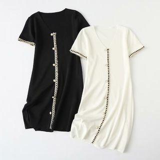 Short-sleeve Faux Peal Button Knit Midi A-line Dress
