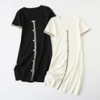 Short-sleeve Faux Peal Button Knit Midi A-line Dress