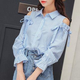 Cold-shoulder Bell-sleeve Plaid Shirt
