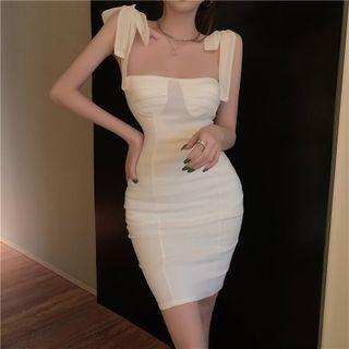 Tie-strap Plain Skinny Dress White - One Size