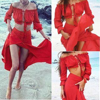 Set : Off-shoulder Cropped Top + Slit Skirt