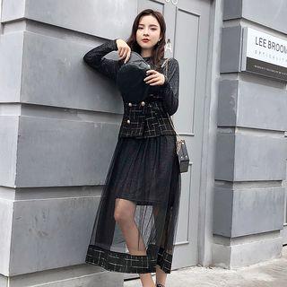 Set: Long-sleeve Knit Dress + Mesh Panel Plaid Midi Pinafore Dress
