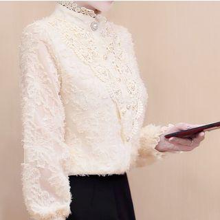 Crochet Applique Stand Collar Beaded Top