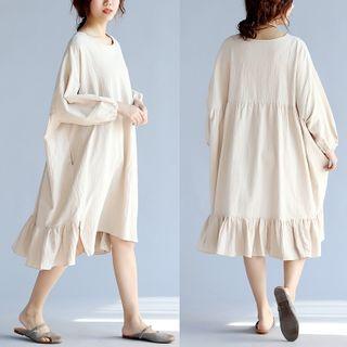 Puff Long-sleeve Flounced-hem Midi Shift Dress