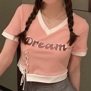 Short-sleeve Lettering Lace Up Cropped T-shirt Pink - One Size