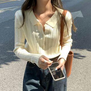 Polo-collar Knit Cutout Long-sleeve Sweater