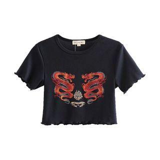 Dragon Print Lettuce Edge Cropped T-shirt