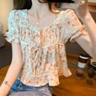 Short-sleeve Square-neck Bow Floral Blouse