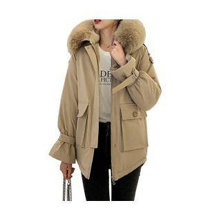 Furry Hood Padded Floral Embroidered Zip Jacket