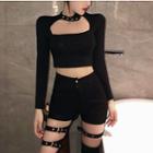 Cut-out Long-sleeve T-shirt / Cropped Skinny Pants