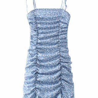 Spaghetti Strap Floral Print Shirred Sheath Dress