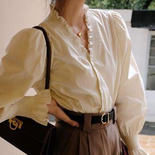 Bell-sleeve Frill Trim Plain Blouse