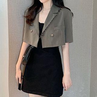 Double-button Cropped Blazer / Sleeveless Sheath Dress
