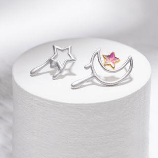 Asymmetrical Star & Moon Ear Stud 1 Pair - Silver & Gold - One Size