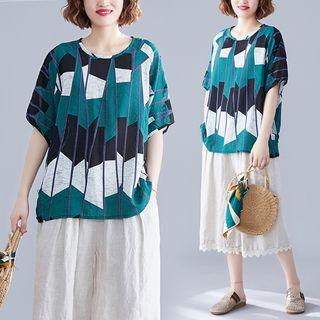 Patterned Elbow-sleeve Top As Shown In Figure - One Size