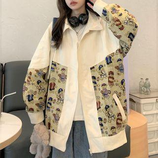 Long Sleeve Bear Print Zip-up Jacket
