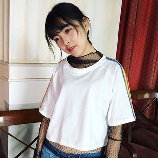 Striped Elbow-sleeve Crop Top