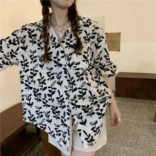 Short-sleeve Flower Print Shirt Shirt - Black Leaves - White - One Size