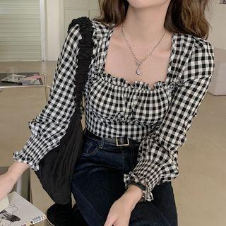 Plaid Open-back Strap Square-neck Long-sleeve Cropped Top