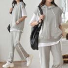 Set: Hooded Vest + Band-waist Contrast-trim Pants