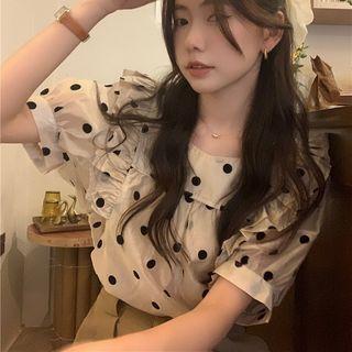 Puff-sleeve Dotted Ruffled Blouse Black Dots - Almond - One Size