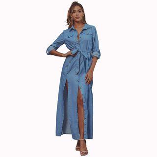Tie-waist Slit Maxi Denim Shirtdress