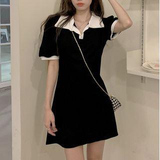 Puff-sleeve Lapel Contrast Trim Dress