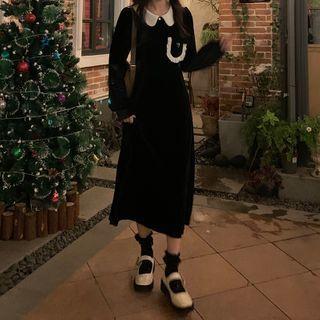 Long-sleeve Contrast Trim Mini A-line Dress / Midi A-line Dress