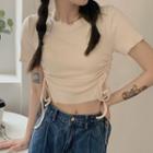 Drawstring Cropped T-shirt Beige - One Size