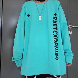 Lettering Oversize Long-sleeve T-shirt Aqua Green - One Size