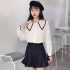 Long-sleeve Lace Collar Blouse / Mini Pleated Skirt