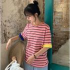 Contrast-trim Striped Elbow-sleeve T-shirt